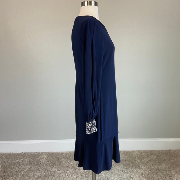 Long Sleeve Beaded Cuff Cocktail Dress Blue Size 8 Ruffled Sheath by MARINA - Picture 3 of 10